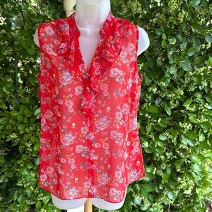 CLOSET CLEAROUT Cabi Red Floral Ruffle Neck Sleeveless Blouse